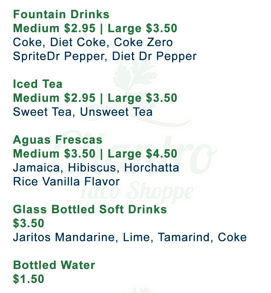 Drink Menu Cilantro Taco Shoppe