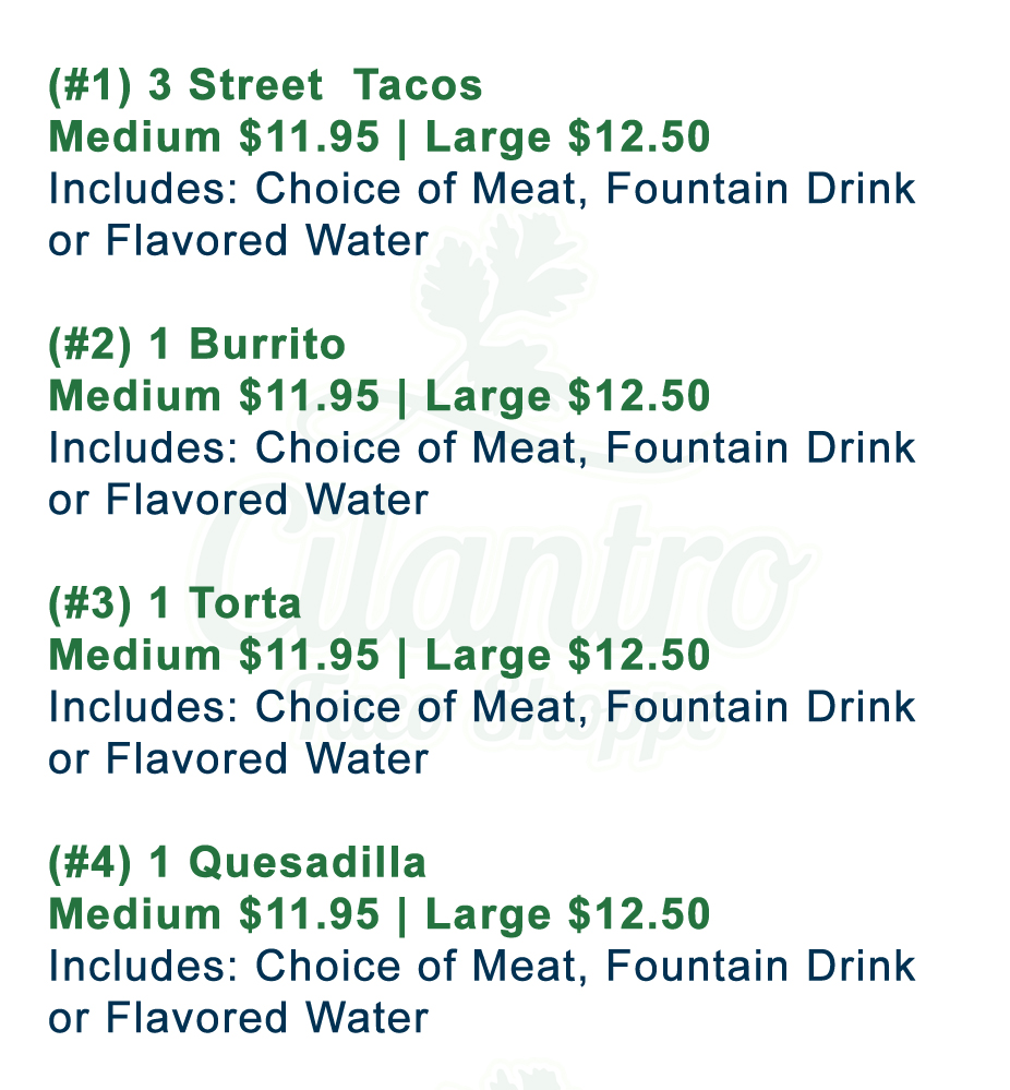 Specials Menu Cilantro Taco Shoppe